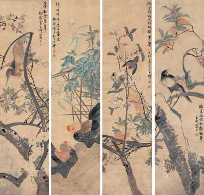 王礼 花鸟 四屏